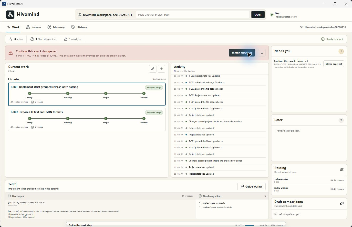 Hivemind Work view showing two verified tasks and the exact change set ready to merge