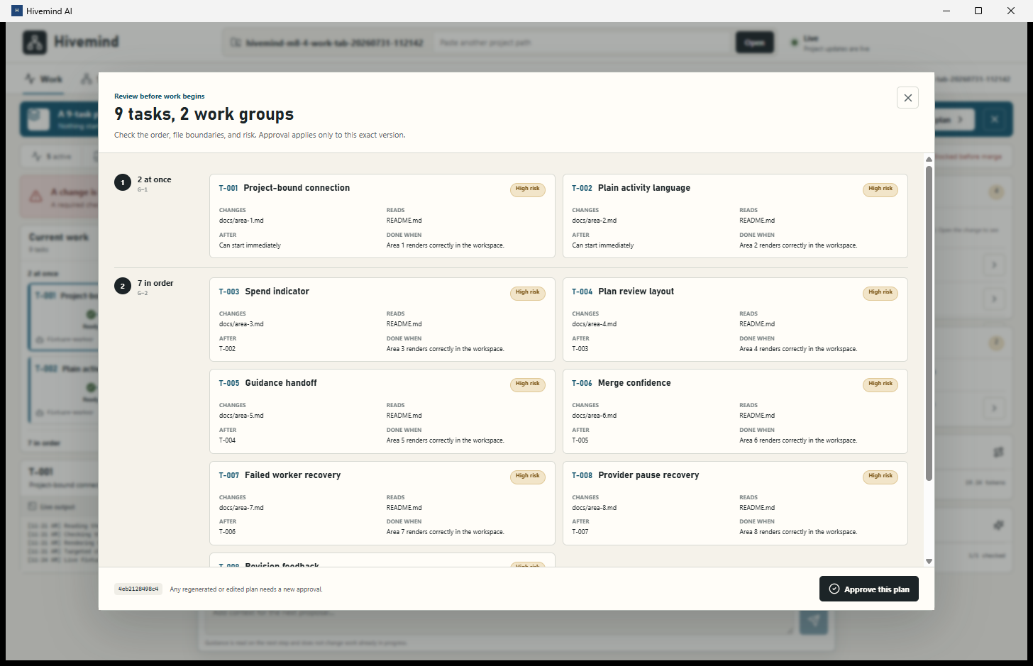 Hivemind plan review showing nine tasks, work groups, and file boundaries before approval