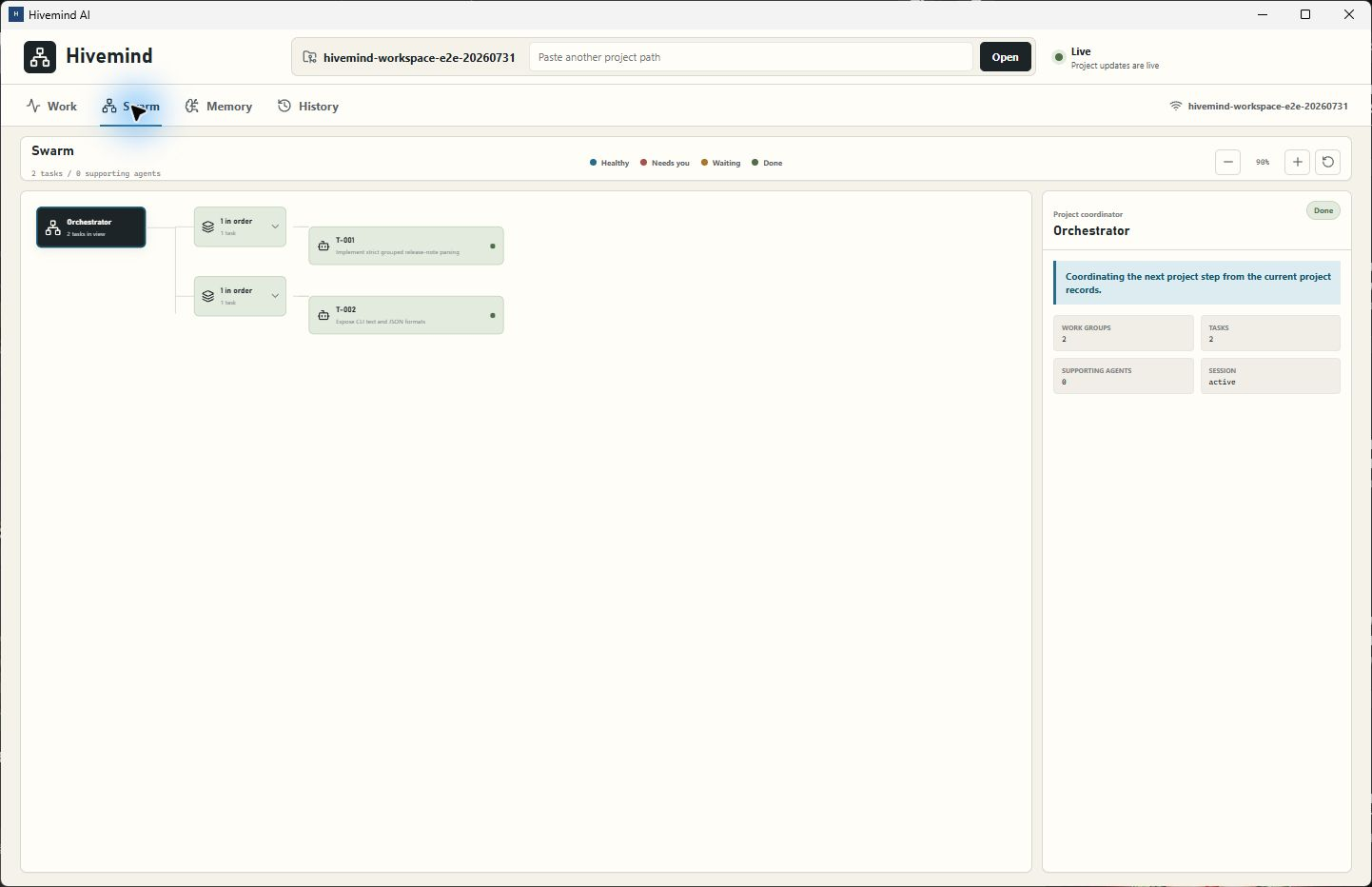 Hivemind Swarm view showing the orchestrator, two work groups, and their tasks